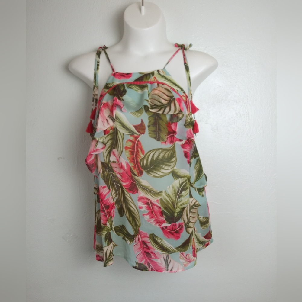 COVERSTITCHED L Top Tropical Tie-Shoulder Floral Print Summer Vacation